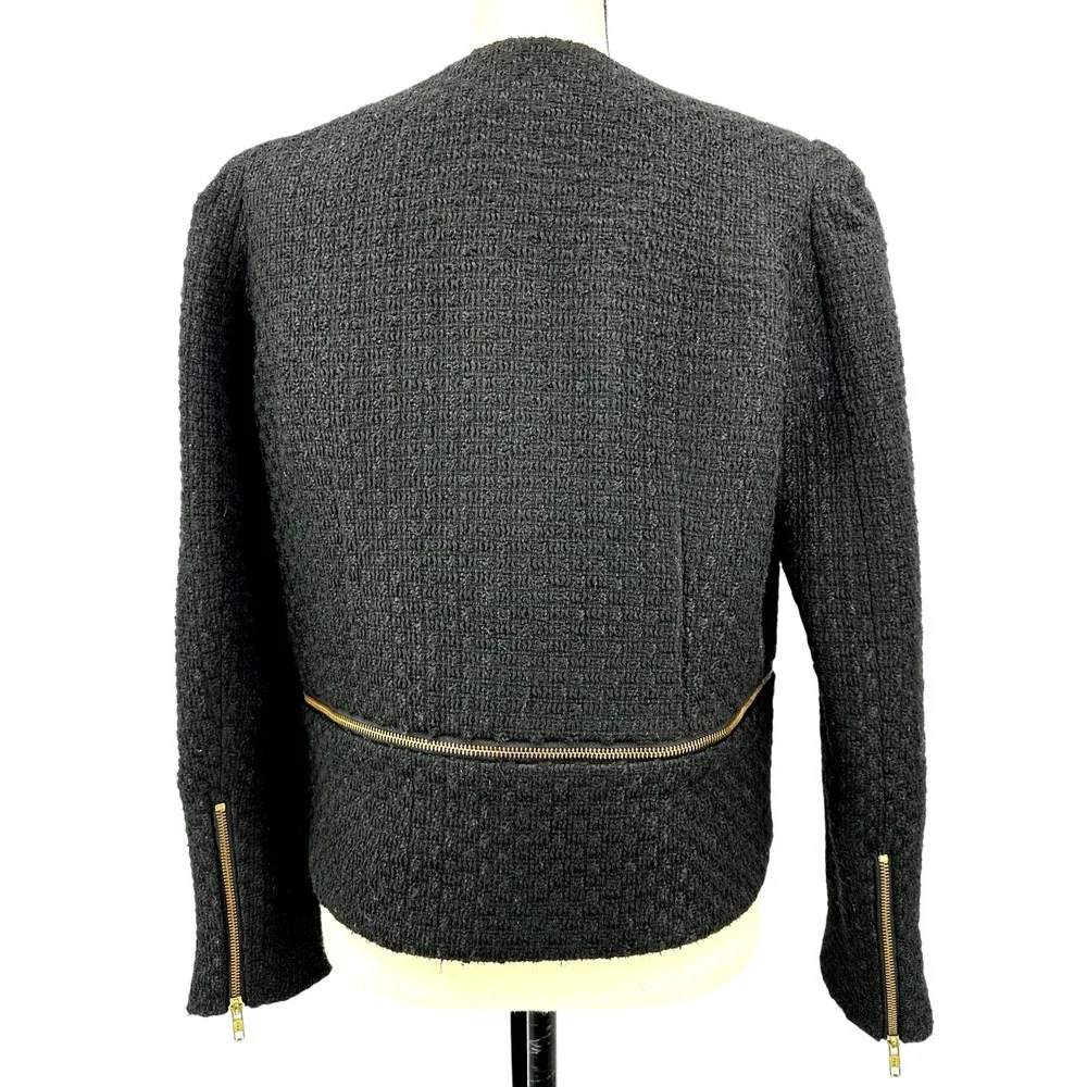GIANNI BINI Women's L Black Tweed Cocktail Jacket with Edgy Gold Zipper Details - Picture 4 of 13